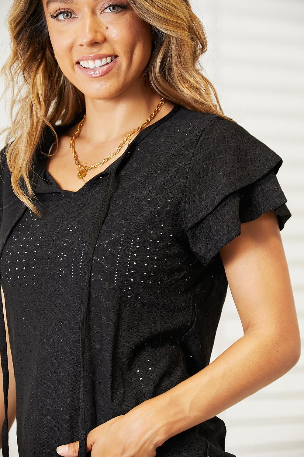 Double Take Eyelet Tie-Neck Flutter Sleeve Blouse - Lab Fashion, Home & Health