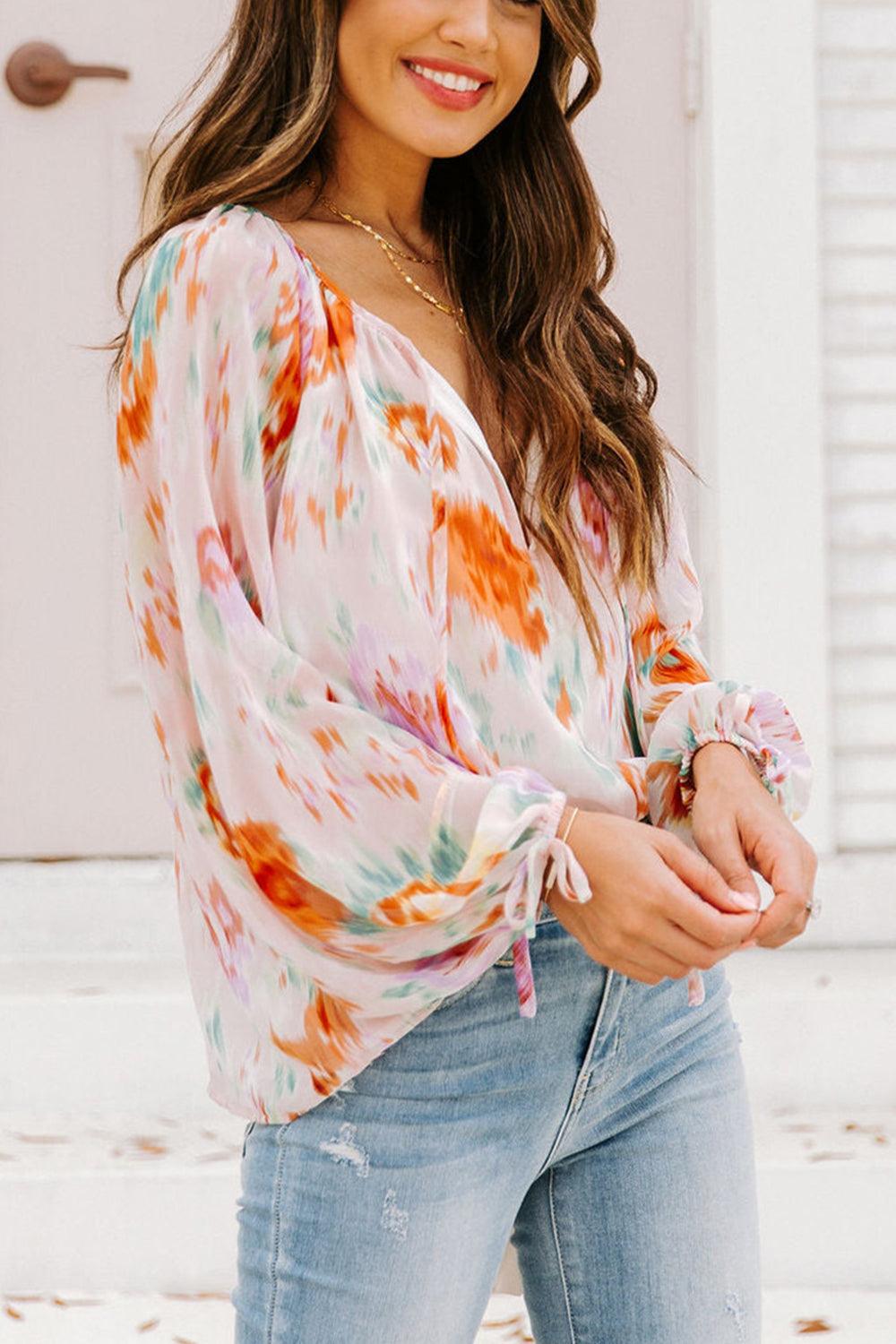 Printed Tie Neck Long Sleeve Blouse - Lab Fashion, Home & Health