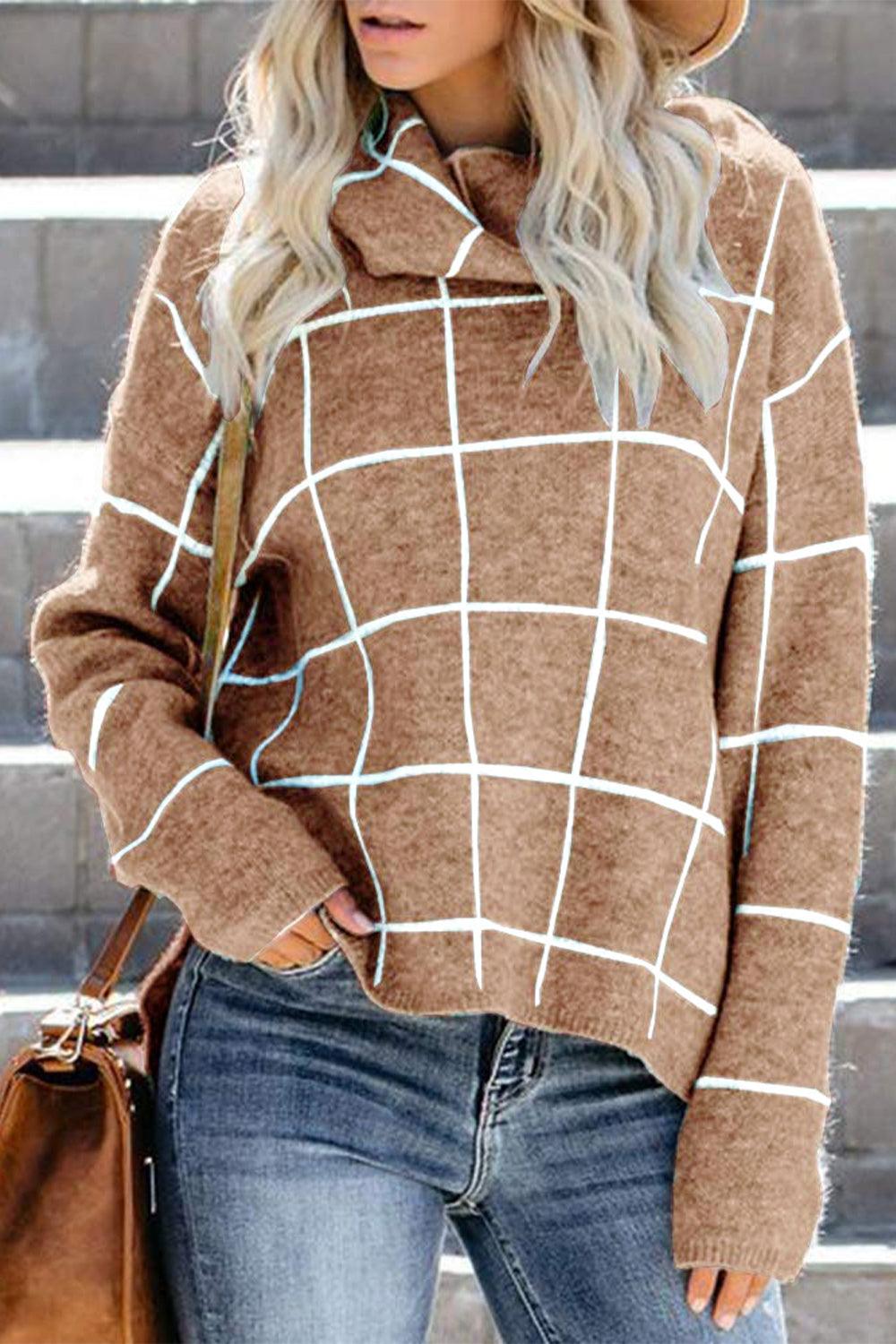 Plaid Turtleneck Drop Shoulder Sweater - Lab Fashion, Home & Health