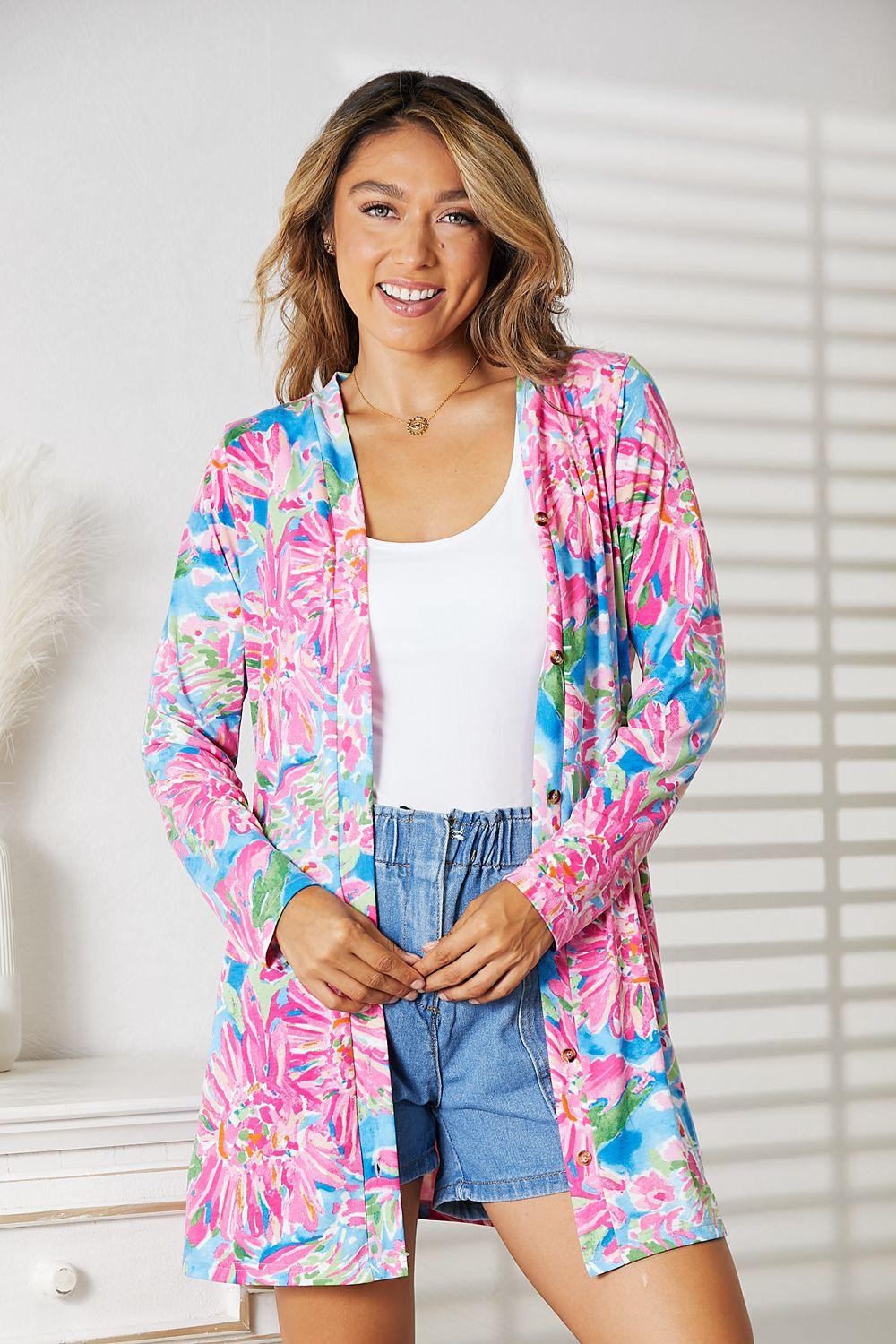 Double Take Floral Open Front Long Sleeve Cardigan - Lab Fashion, Home & Health