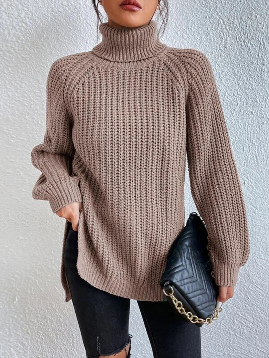 Full Size Turtleneck Slit Sweater - Lab Fashion, Home & Health