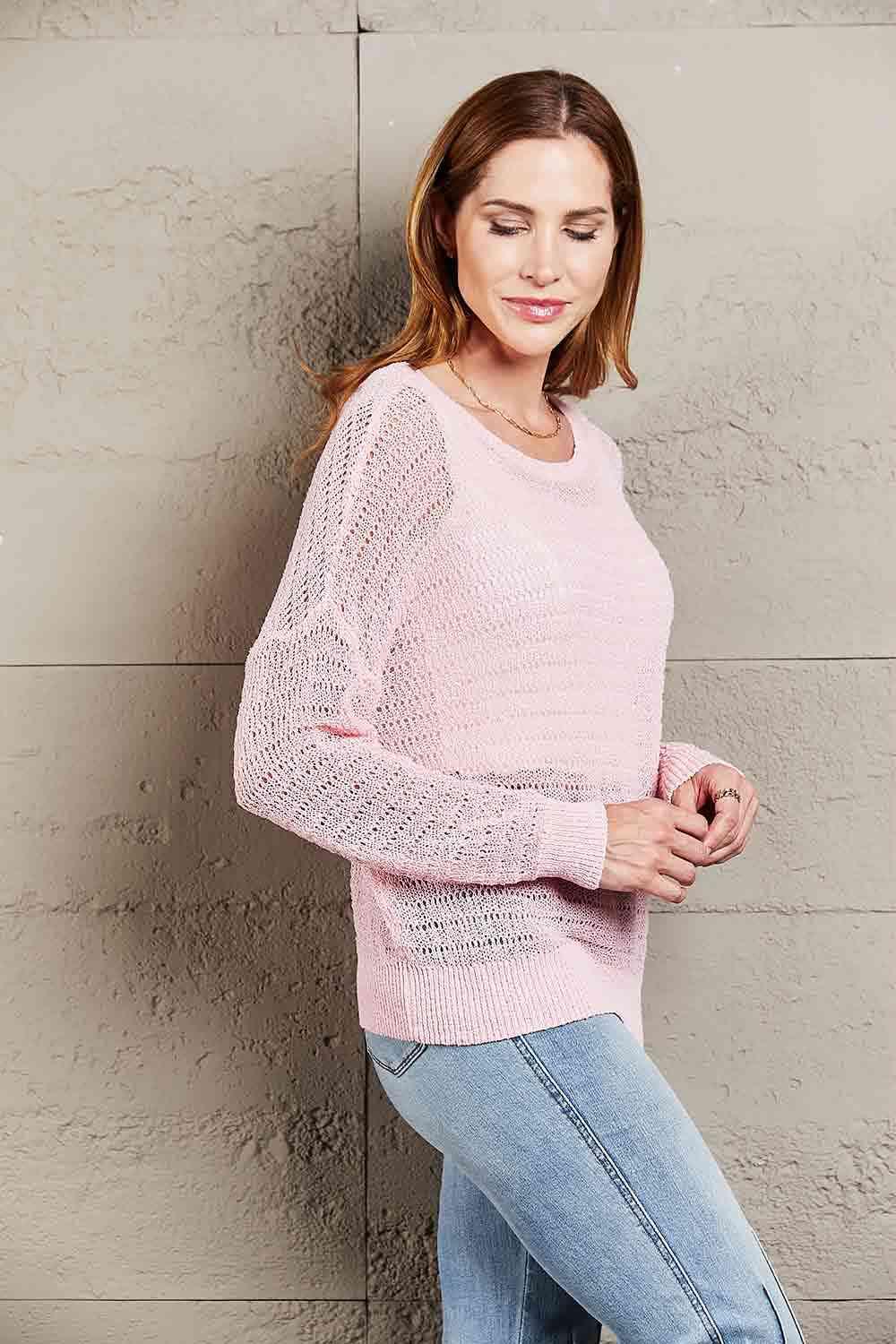Double Take Openwork Round Neck Dropped Shoulder Knit Top - Lab Fashion, Home & Health