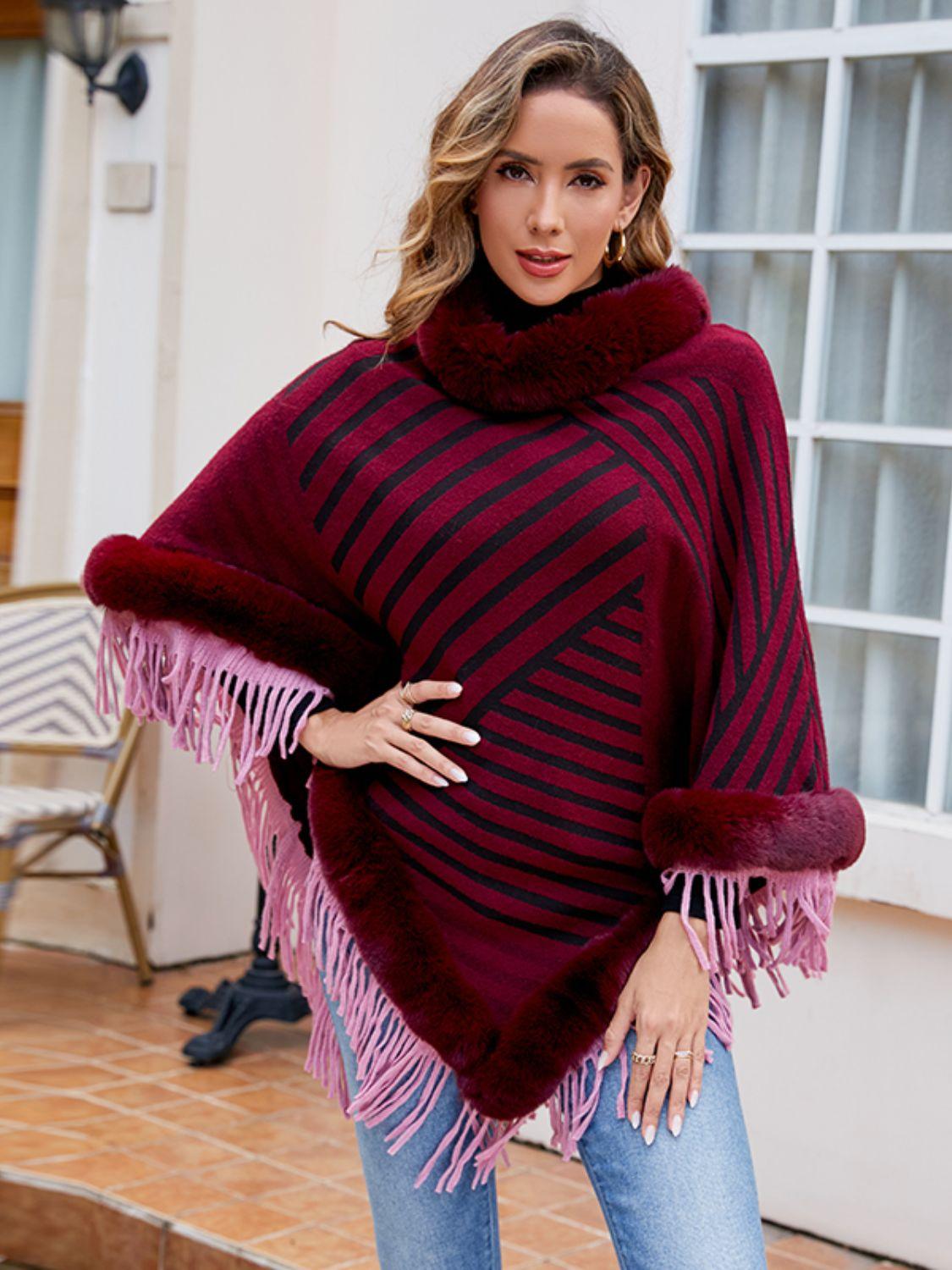 Striped Fringe Hem Poncho - Lab Fashion, Home & Health