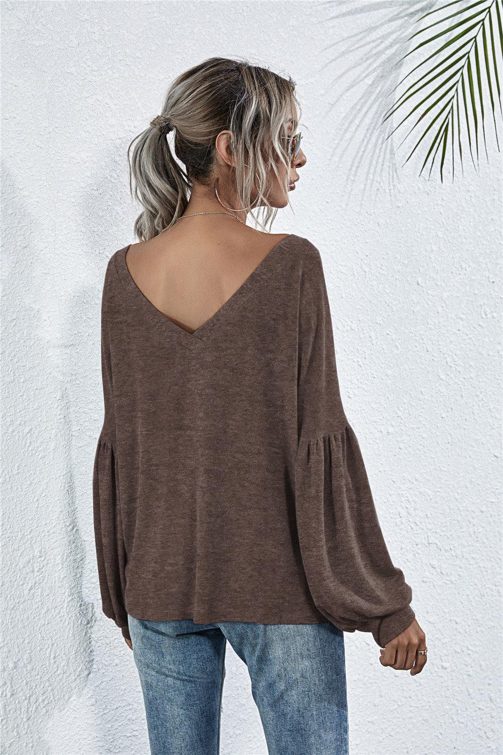 V-Neck Long Sleeve Dropped Shoulder Knit Top - Lab Fashion, Home & Health