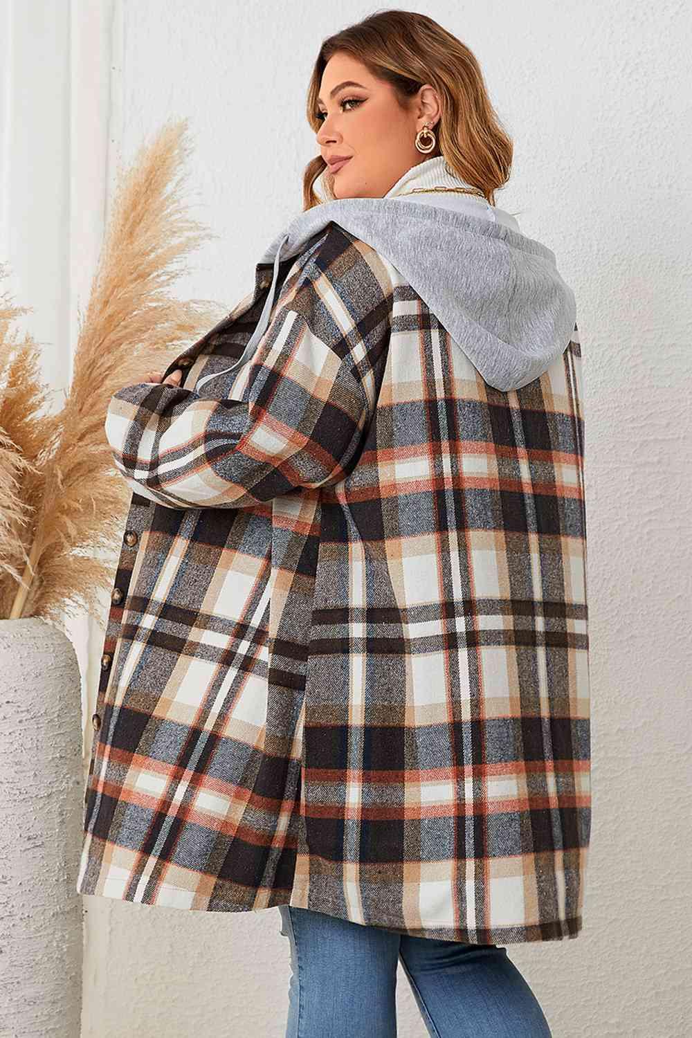 Plus Size Plaid Drop Shoulder Hooded Coat - Lab Fashion, Home & Health