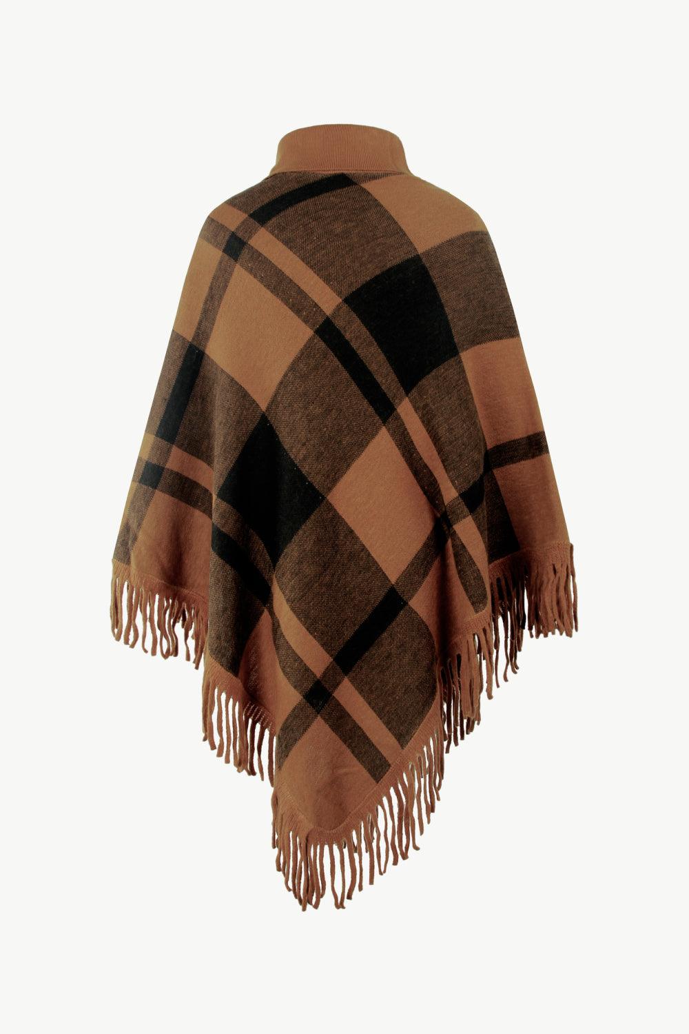 Plaid Turtleneck Fringe Hem Poncho - Lab Fashion, Home & Health