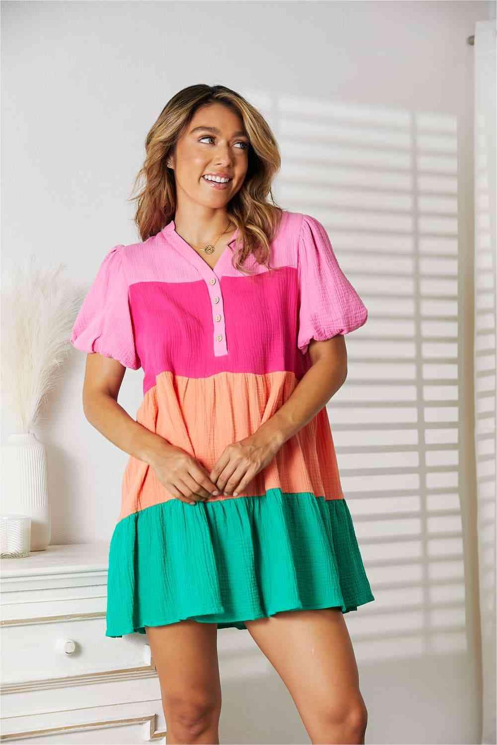 Double Take Color Block Buttoned Puff Sleeve Dress - Lab Fashion, Home & Health