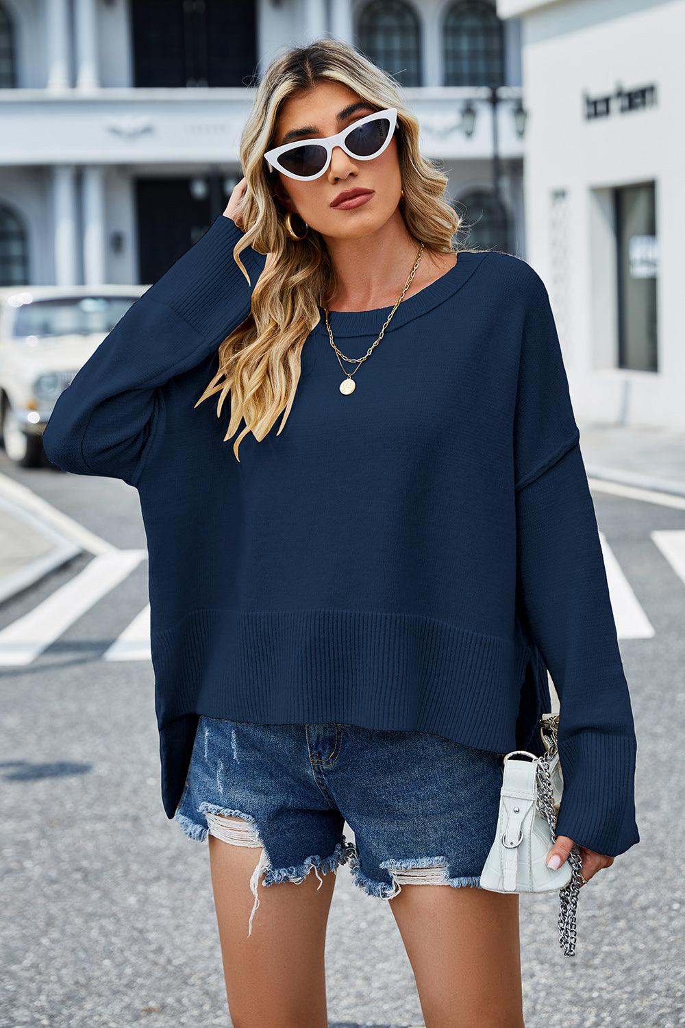 Round Neck Dropped Shoulder Slit Sweater - Lab Fashion, Home & Health