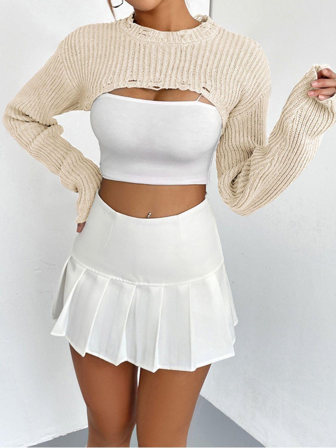 Distressed Long Sleeve Cropped Sweater - Lab Fashion, Home & Health