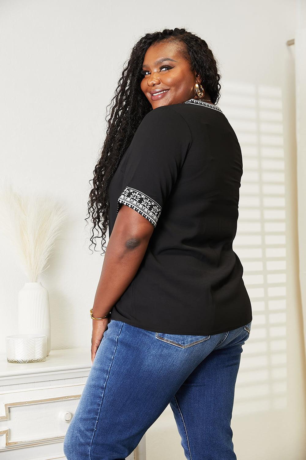 Double Take Embroidered Notched Neck Top - Lab Fashion, Home & Health