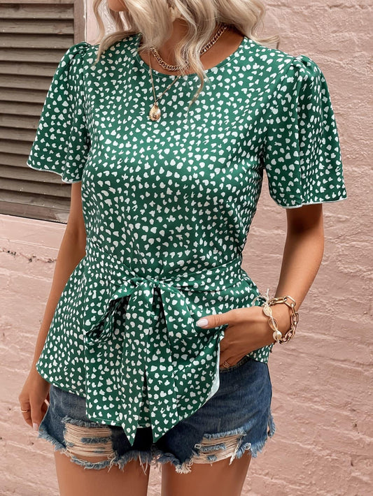 Heart Print Puff Sleeve Blouse - Lab Fashion, Home & Health