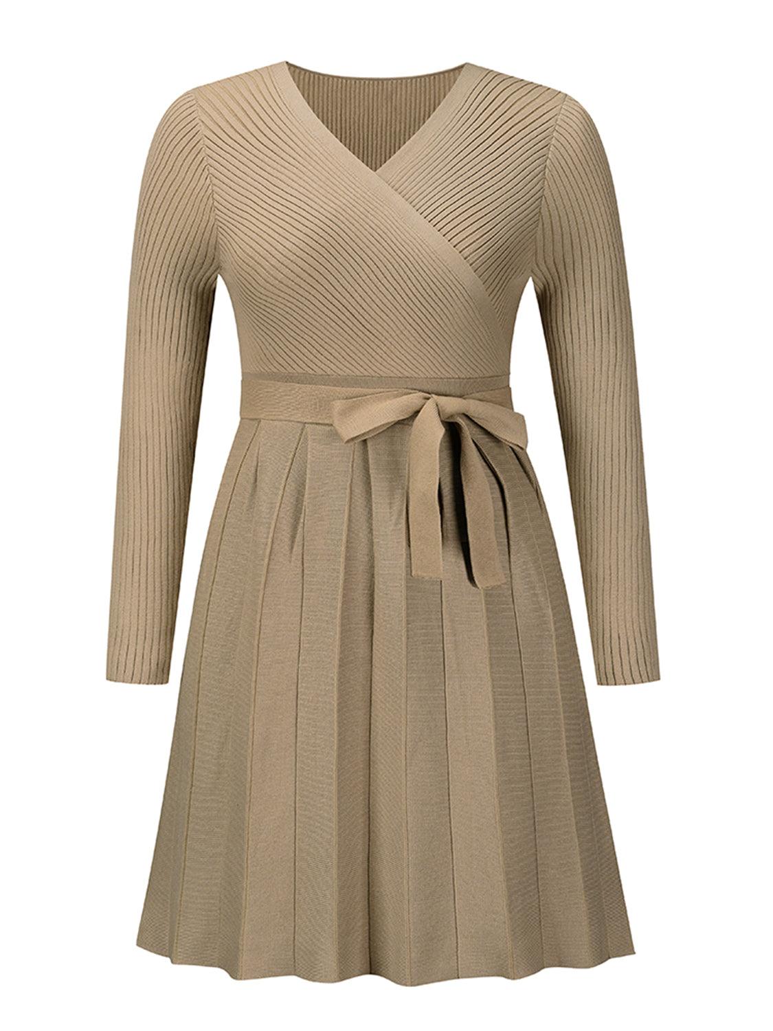 Surplice Neck Tie Front Pleated Sweater Dress - Lab Fashion, Home & Health