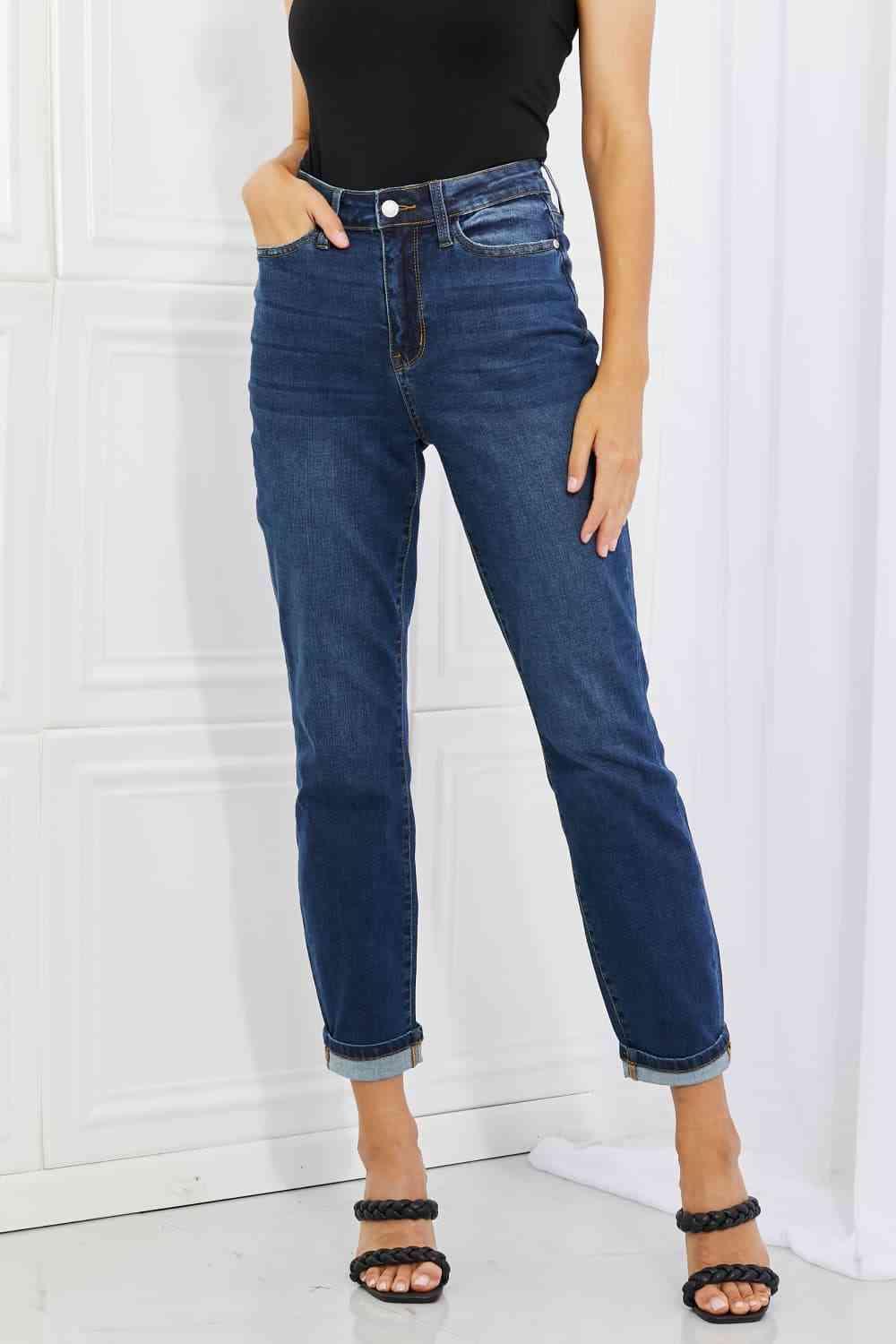 Judy Blue Crystal Full Size High Waisted Cuffed Boyfriend Jeans - Lab Fashion, Home & Health