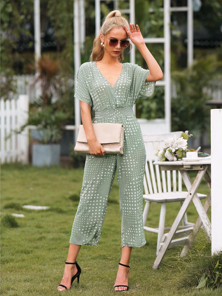 Polka Dot Surplice Neck Jumpsuit with Pockets - Lab Fashion, Home & Health