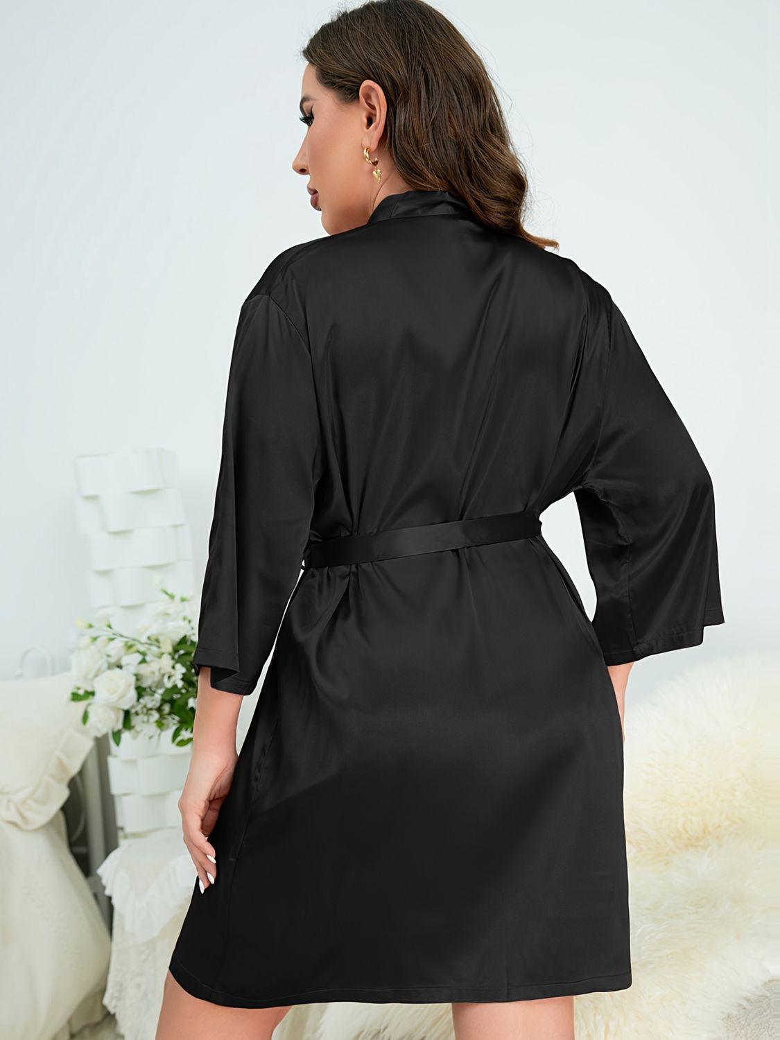 Plus Size Surplice Neck Tie Waist Robe - Lab Fashion, Home & Health