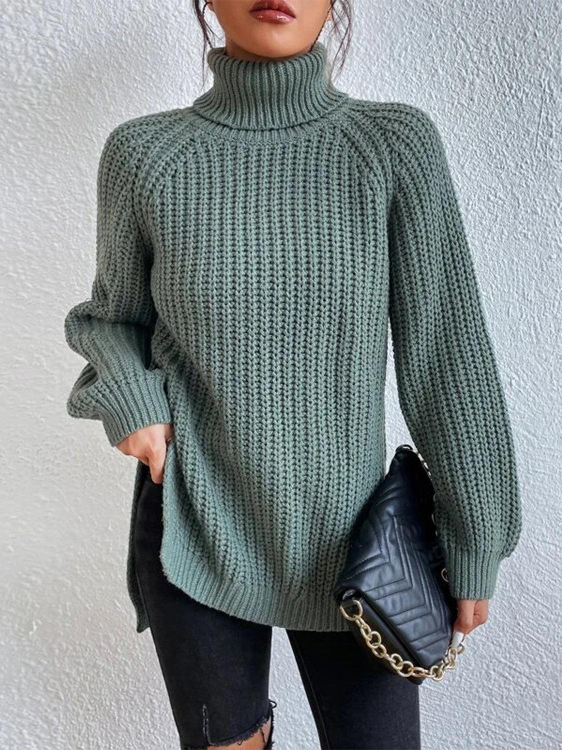 Full Size Turtleneck Slit Sweater - Lab Fashion, Home & Health