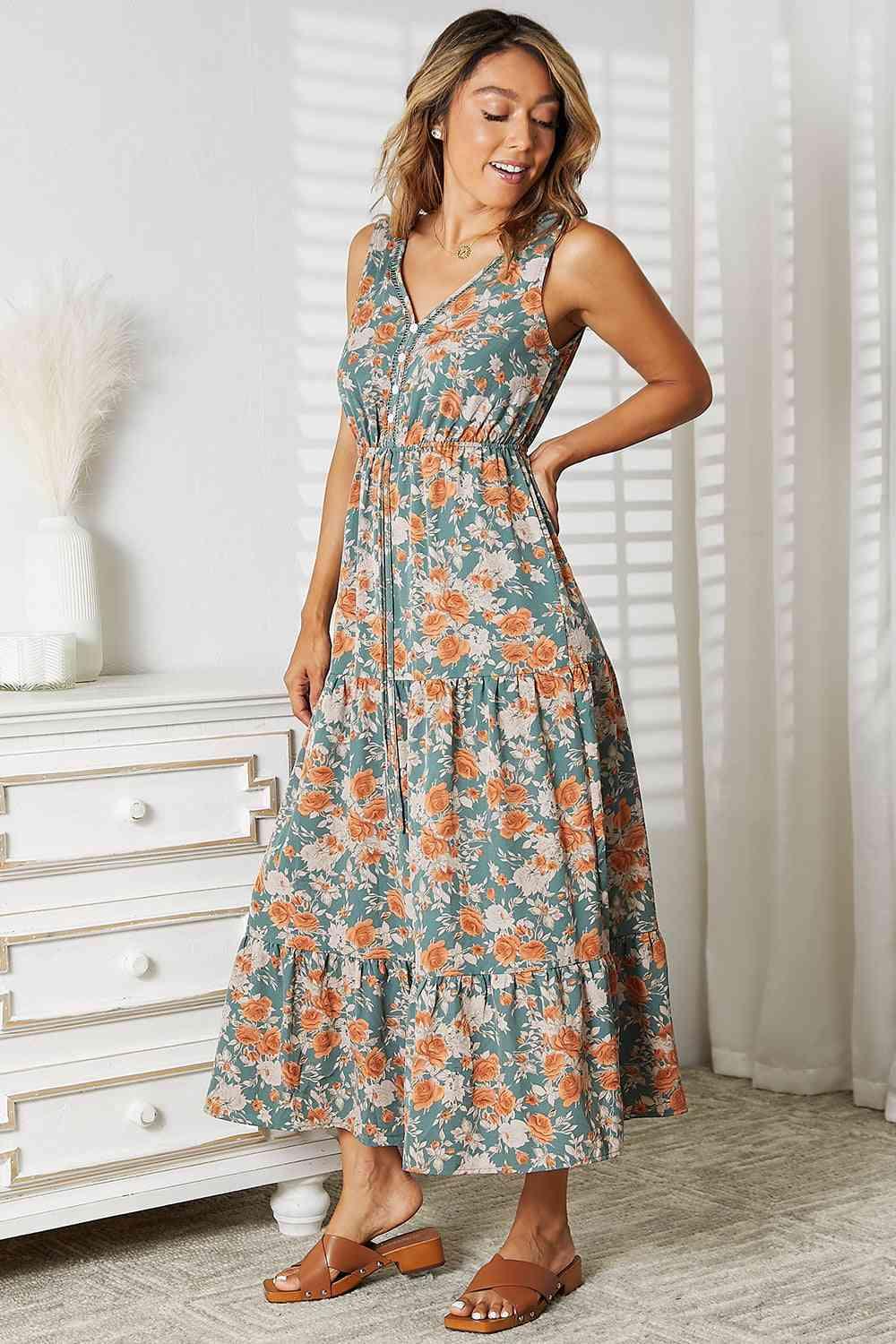 Double Take Floral V-Neck Tiered Sleeveless Dress - Lab Fashion, Home & Health