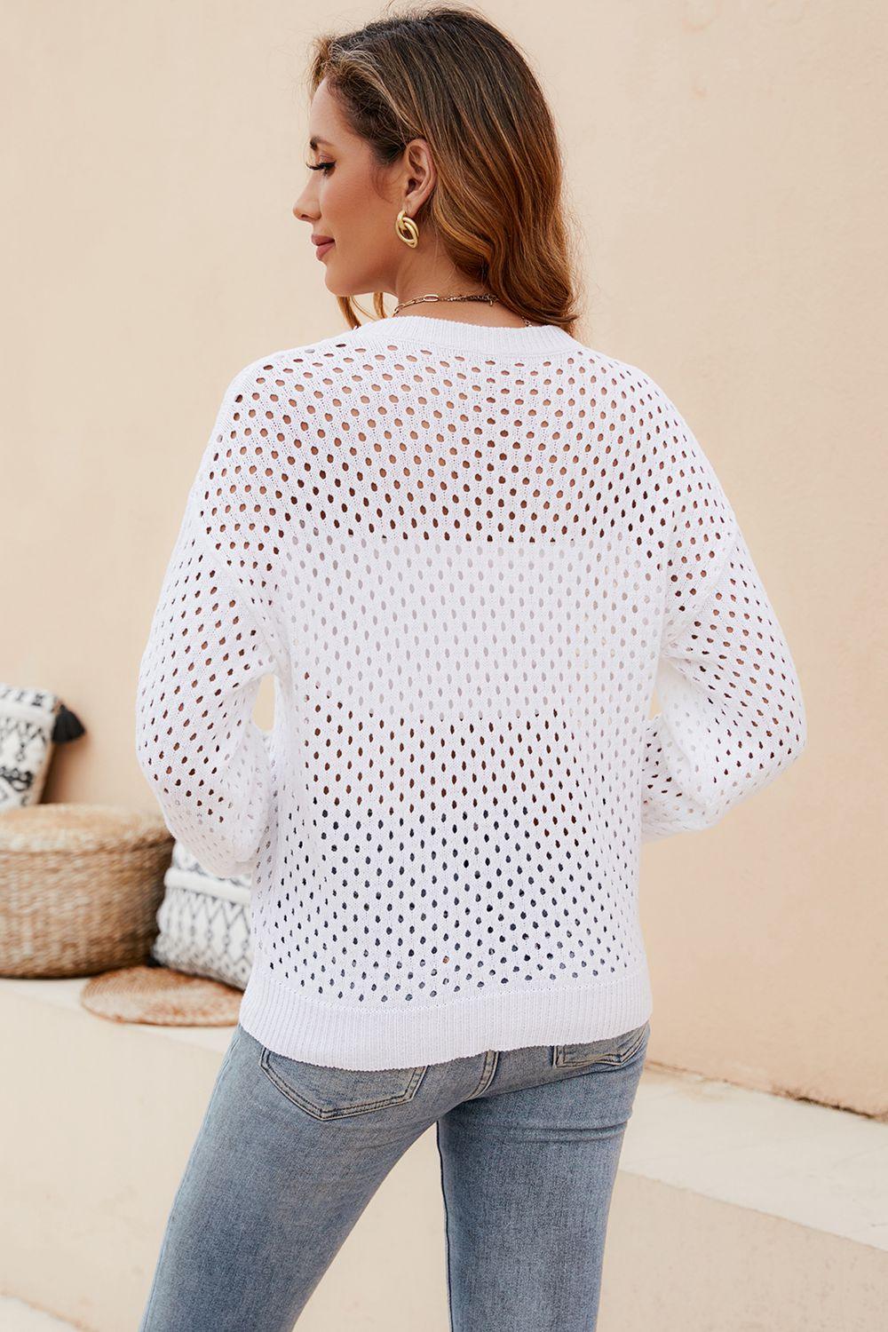 Round Neck Openwork Dropped Shoulder Knit Top - Lab Fashion, Home & Health