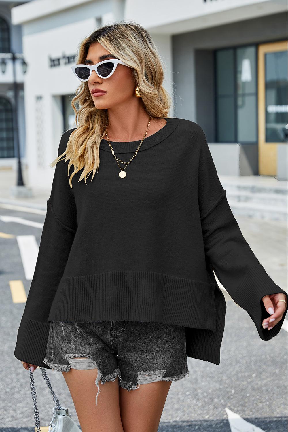 Round Neck Dropped Shoulder Slit Sweater - Lab Fashion, Home & Health