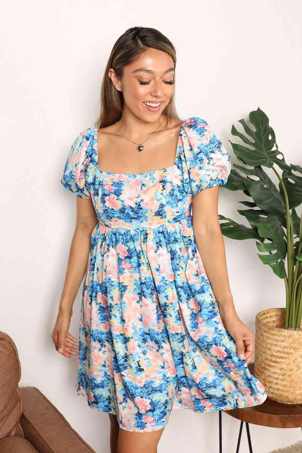 Double Take Floral Square Neck Puff Sleeve Dress - Lab Fashion, Home & Health