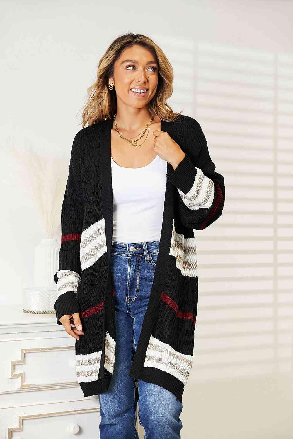 Double Take Striped Drop Shoulder Open Front Cardigan - Lab Fashion, Home & Health