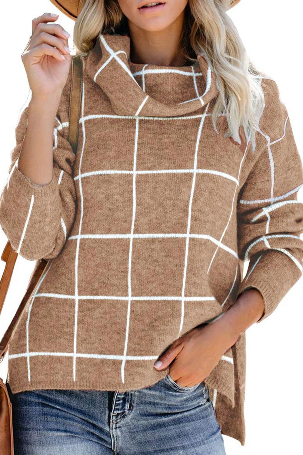 Plaid Turtleneck Drop Shoulder Sweater - Lab Fashion, Home & Health