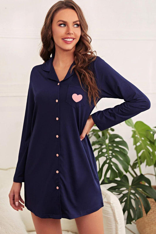 Heart Graphic Lapel Collar Night Shirt - Lab Fashion, Home & Health