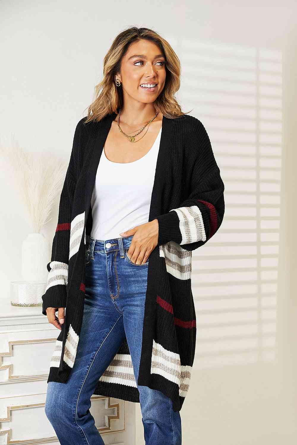 Double Take Striped Drop Shoulder Open Front Cardigan - Lab Fashion, Home & Health