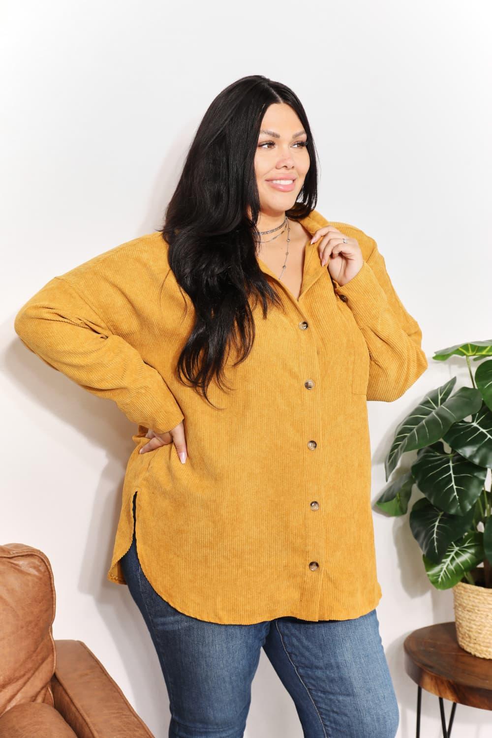 HEYSON Full Size Oversized Corduroy Button-Down Tunic Shirt with Bust Pocket - Lab Fashion, Home & Health