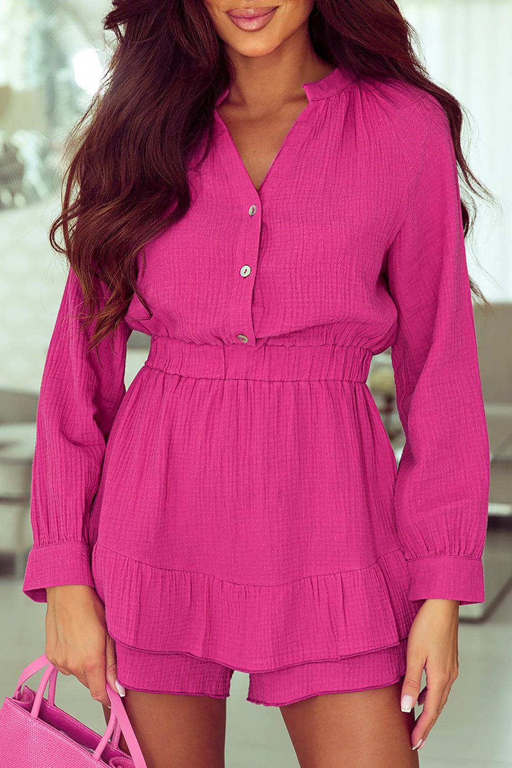 Buttoned Notched Neck Long Sleeve Romper - Lab Fashion, Home & Health