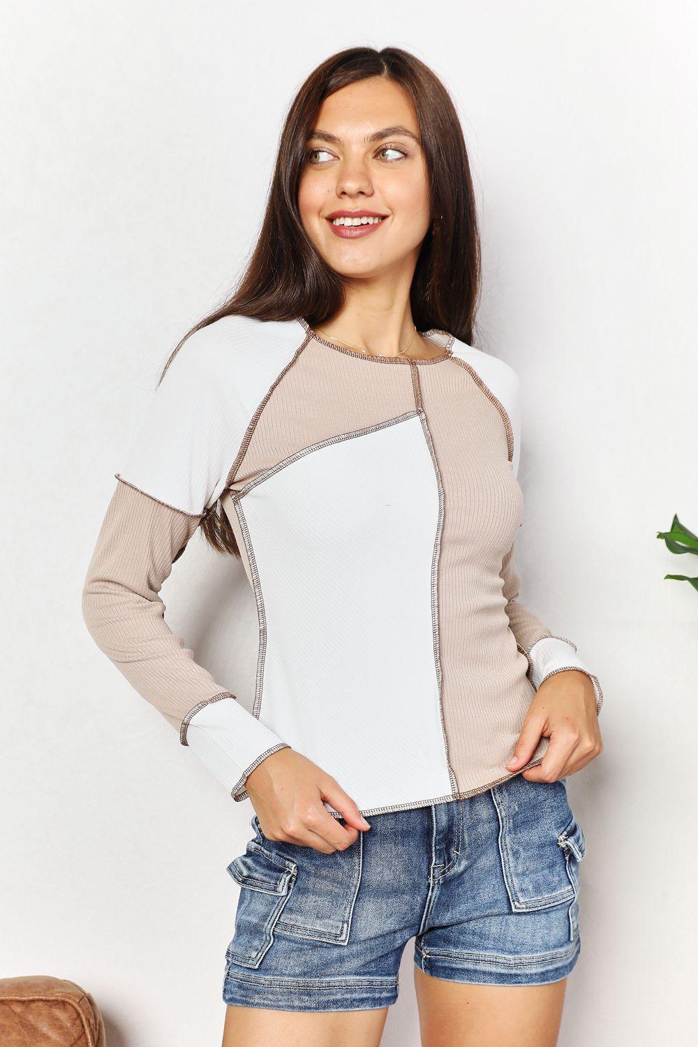 Double Take Color Block Exposed Seam Top - Lab Fashion, Home & Health