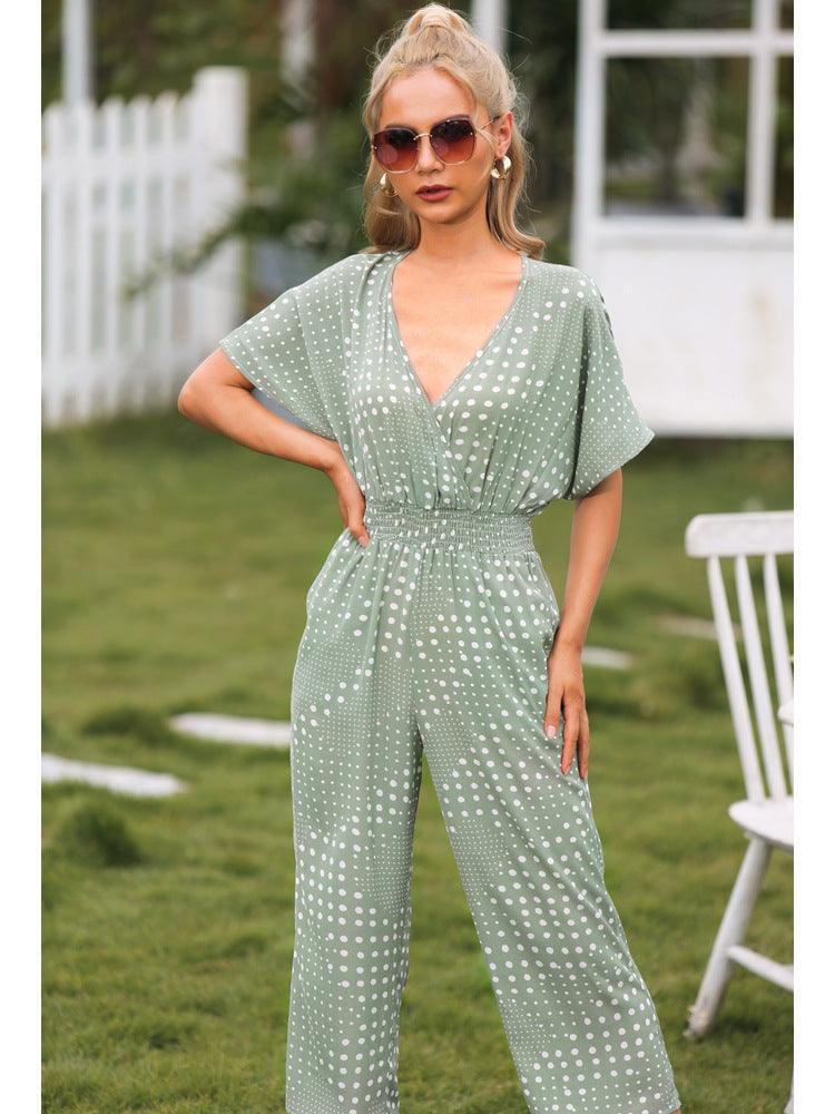 Polka Dot Surplice Neck Jumpsuit with Pockets - Lab Fashion, Home & Health