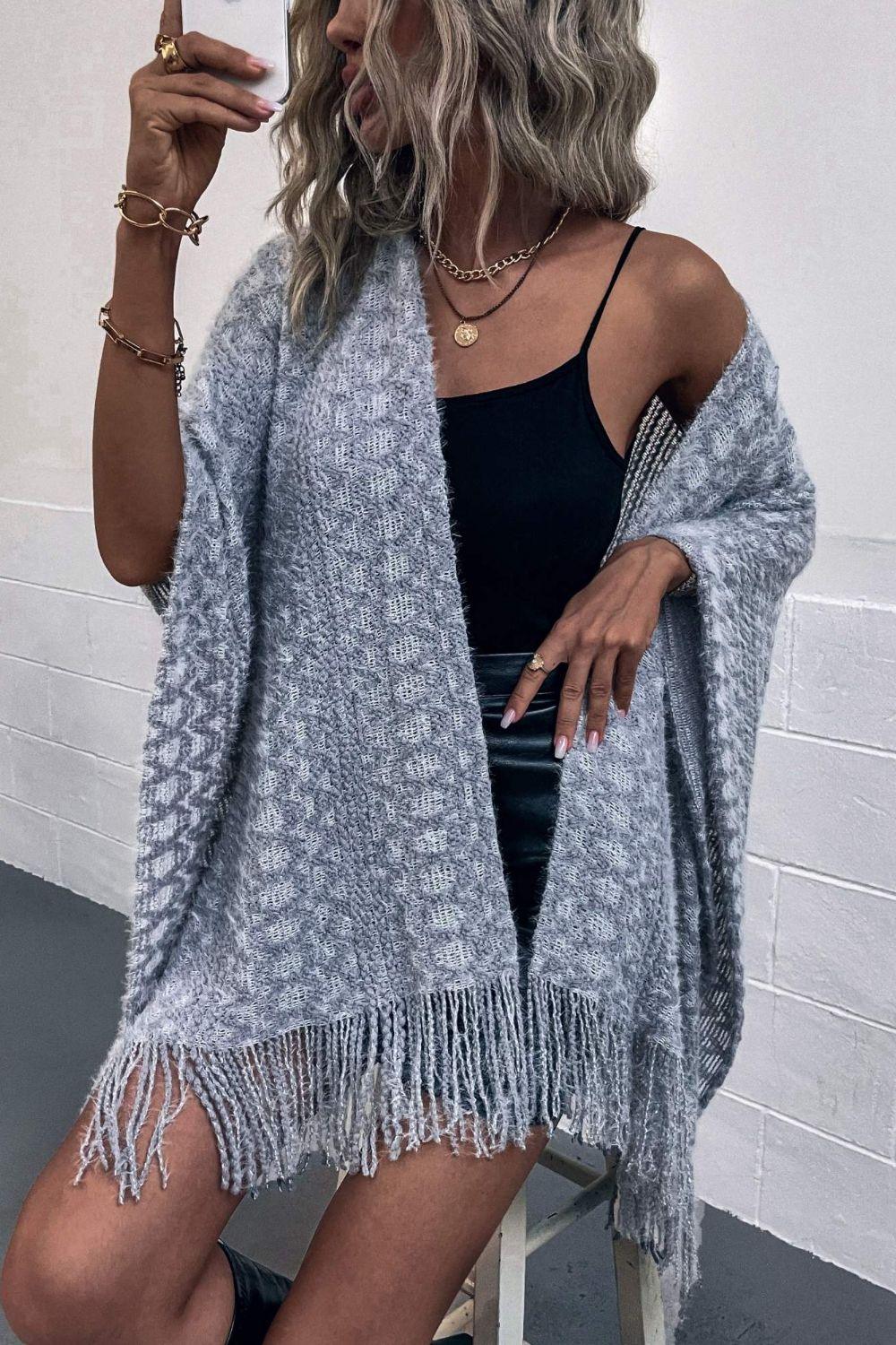 Open Front Fringe Hem Poncho - Lab Fashion, Home & Health