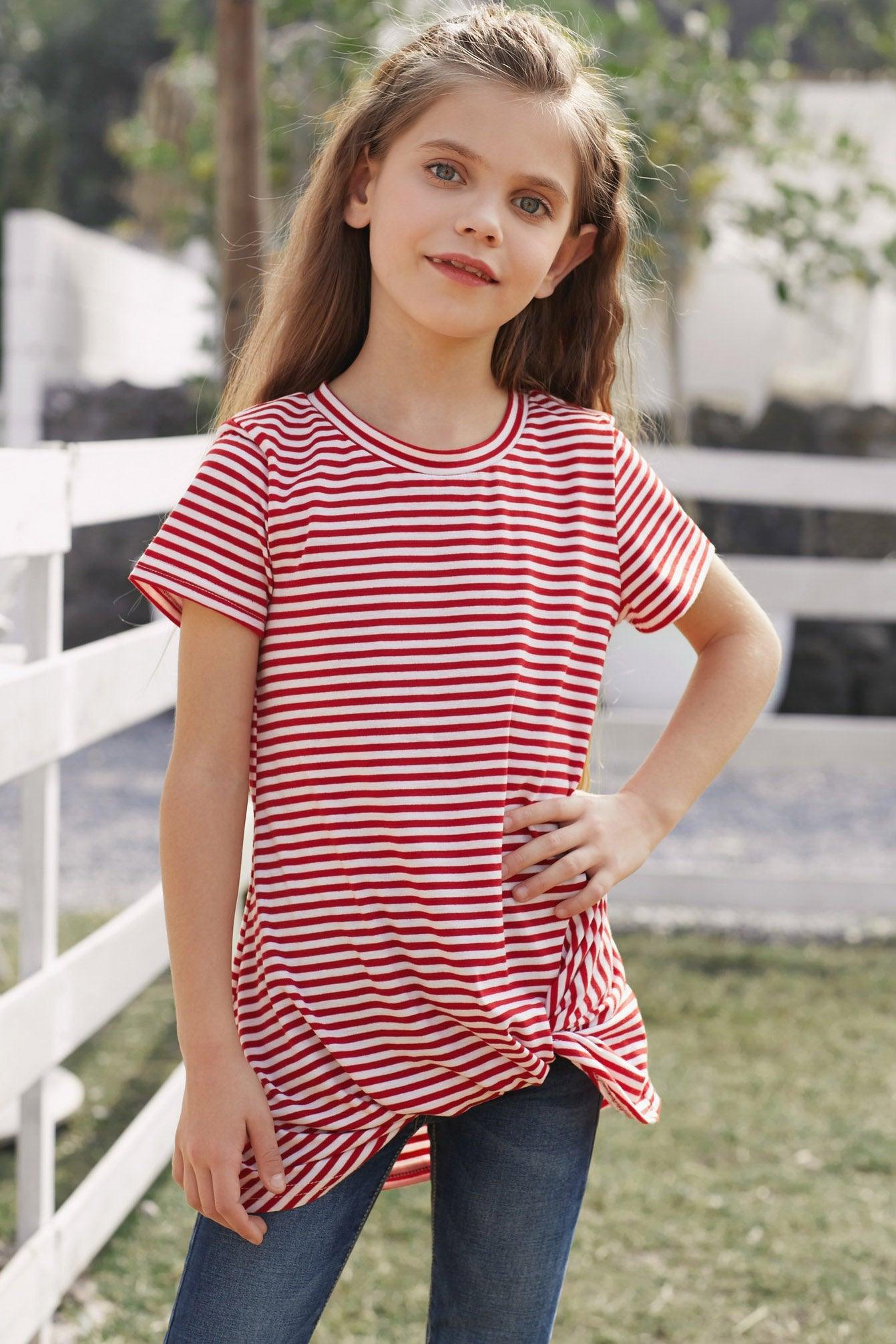 Girls Striped Round Neck Twisted Tee Shirt - Lab Fashion, Home & Health