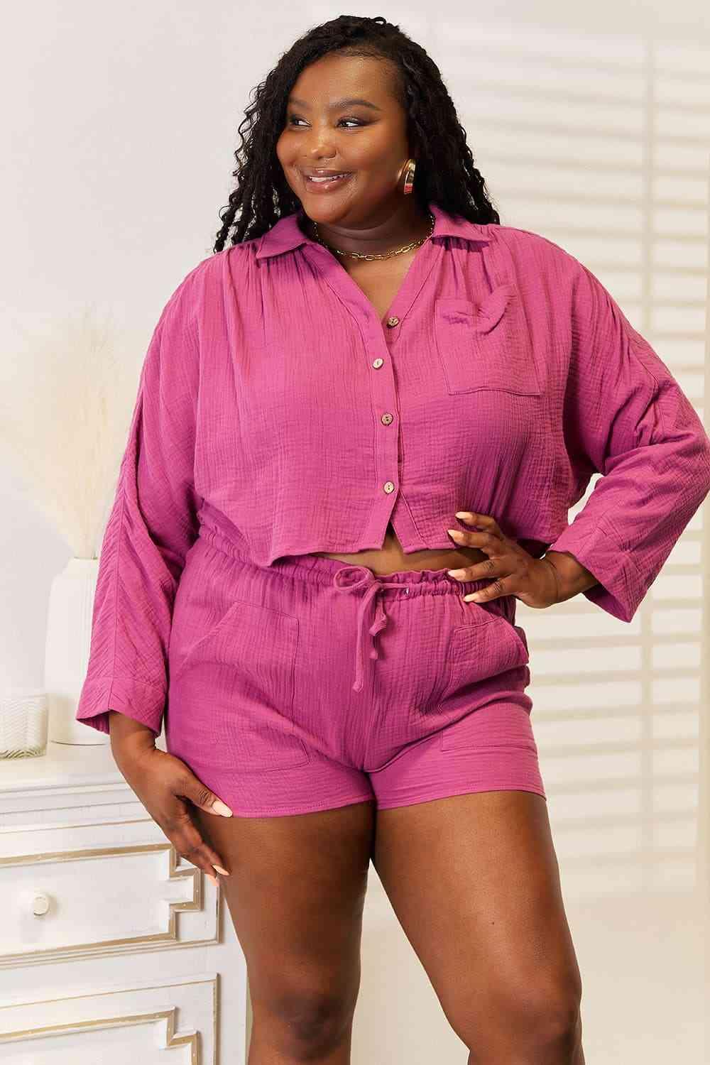 Basic Bae Buttoned Long Sleeve Top and Shorts Set - Lab Fashion, Home & Health