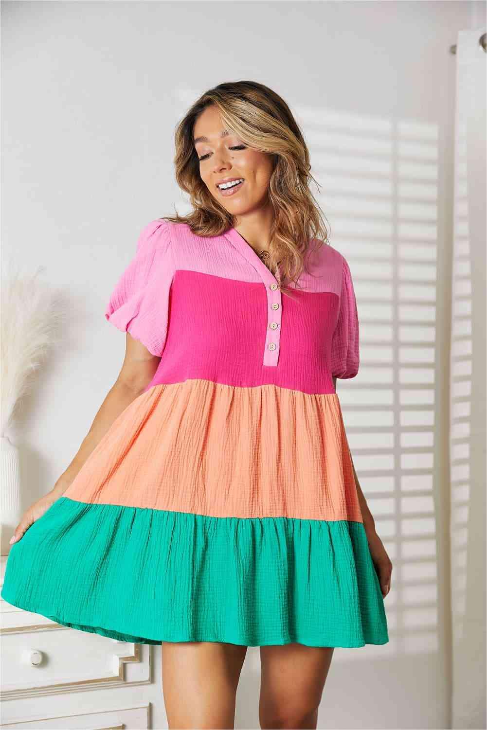 Double Take Color Block Buttoned Puff Sleeve Dress - Lab Fashion, Home & Health