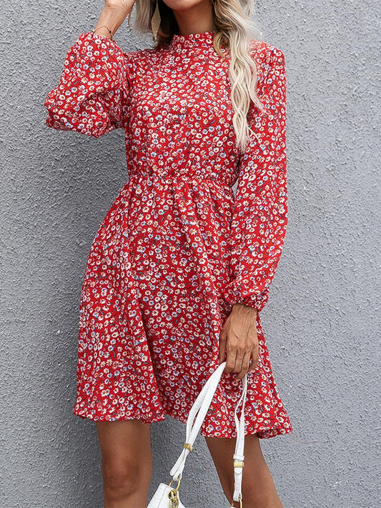 Floral Mock Neck Long Sleeve Dress - Lab Fashion, Home & Health