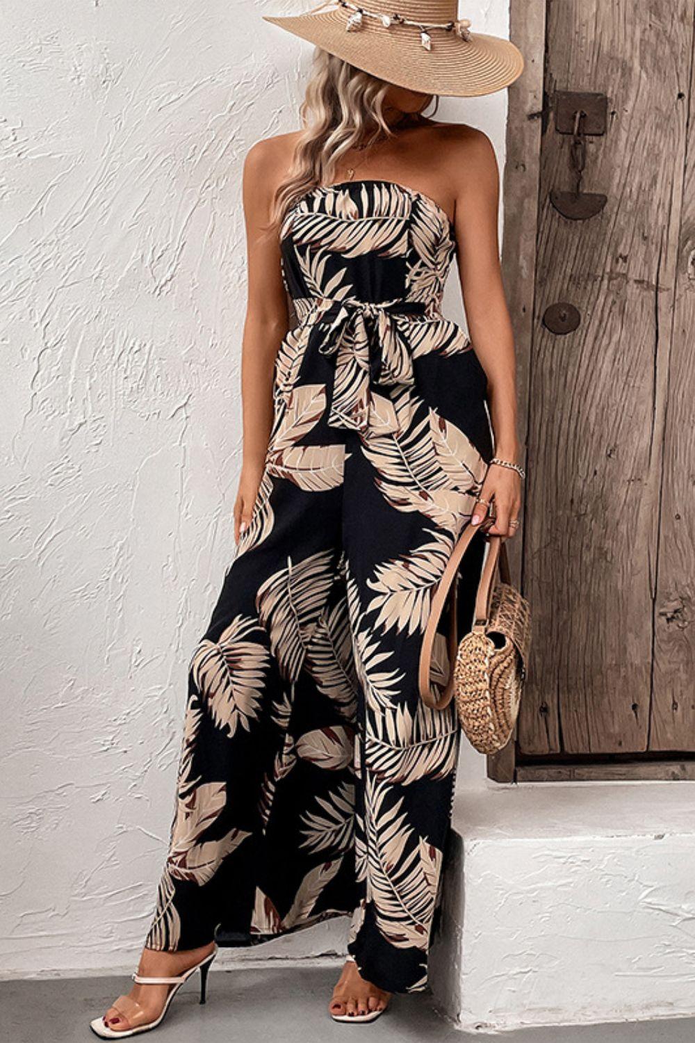 Printed Strapless Wide Leg Jumpsuit with Pockets - Lab Fashion, Home & Health