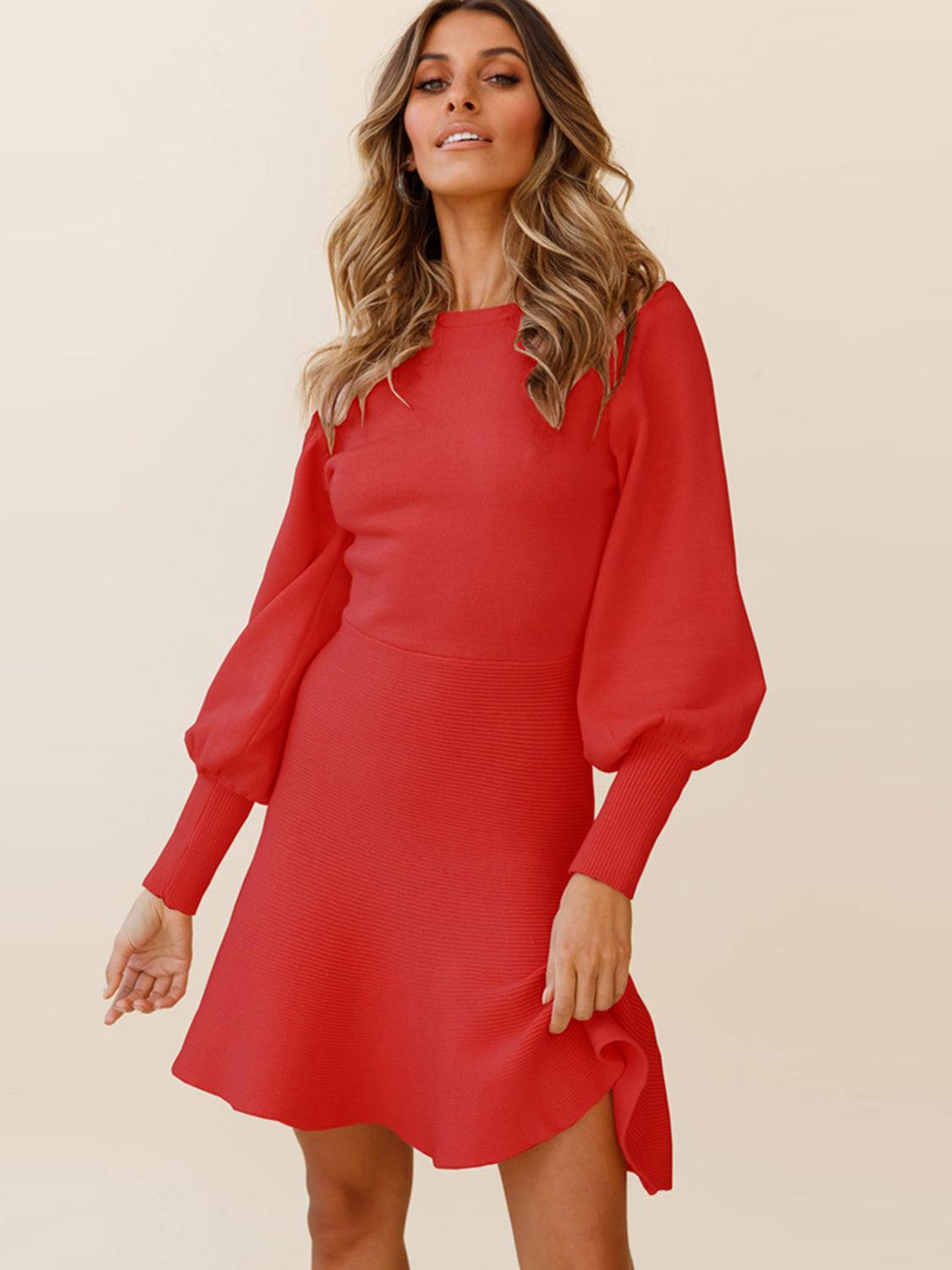 Round Neck Lantern Sleeve Sweater Dress - Lab Fashion, Home & Health