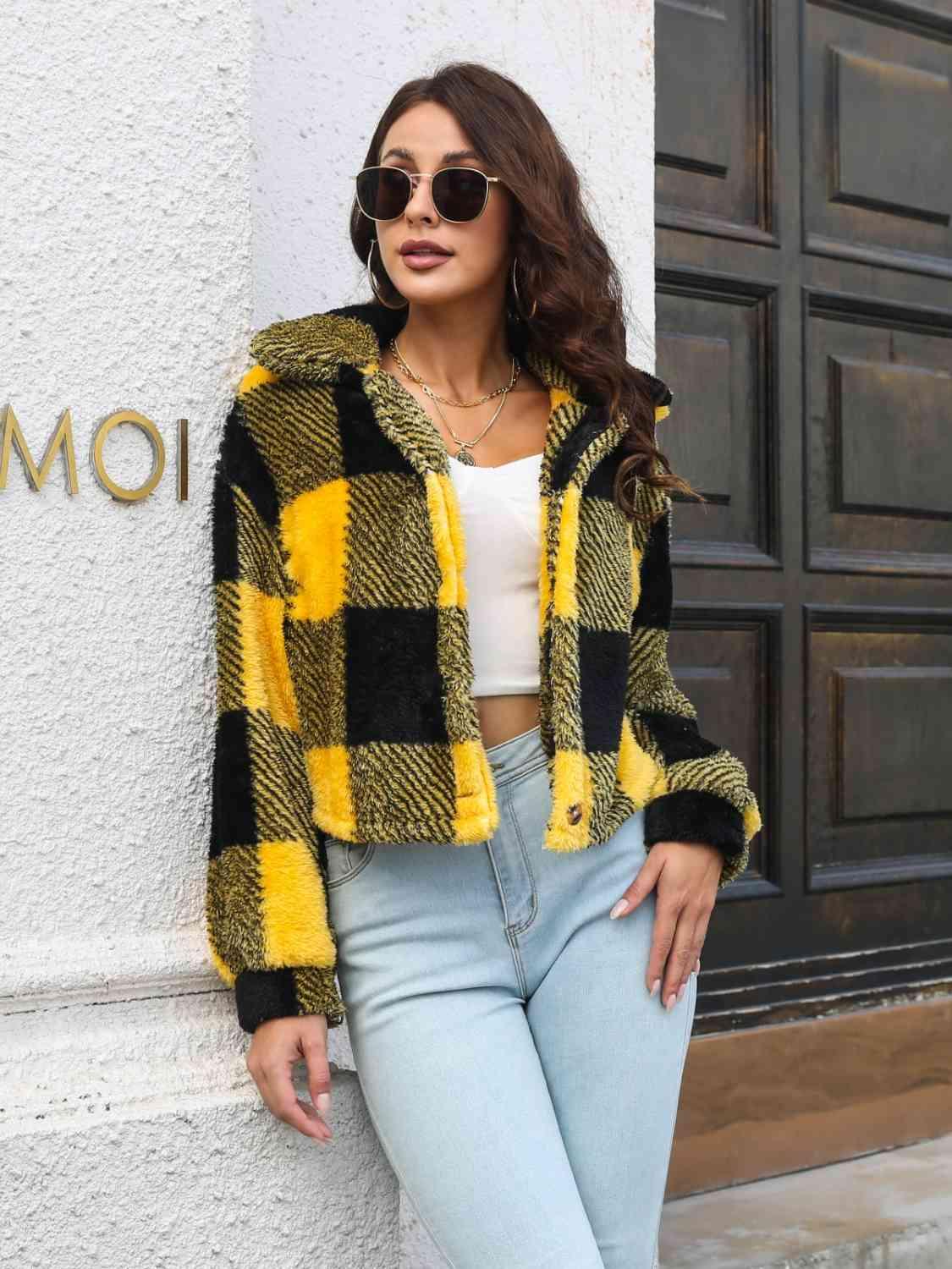 Plaid Dropped Shoulder Buttoned Jacket - Lab Fashion, Home & Health