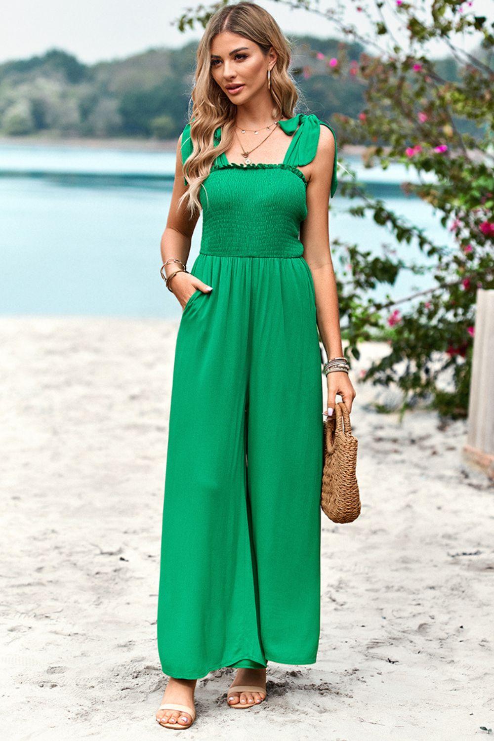 Frill Trim Tie Shoulder Wide Leg Jumpsuit with Pockets - Lab Fashion, Home & Health