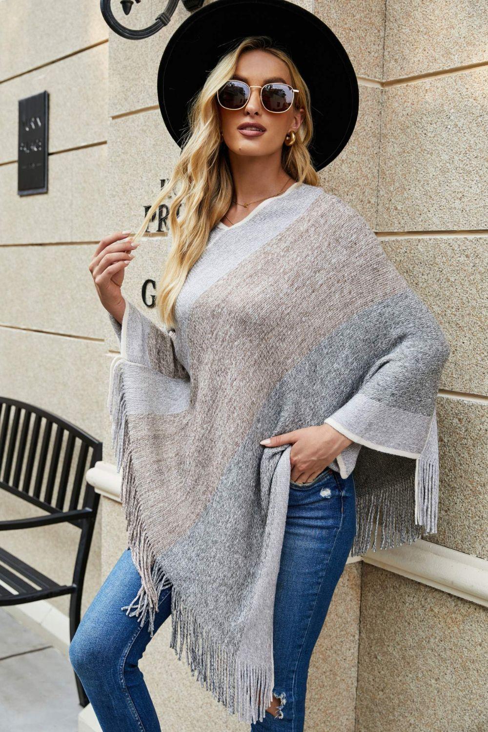 Color Block Fringe Hem Poncho - Lab Fashion, Home & Health