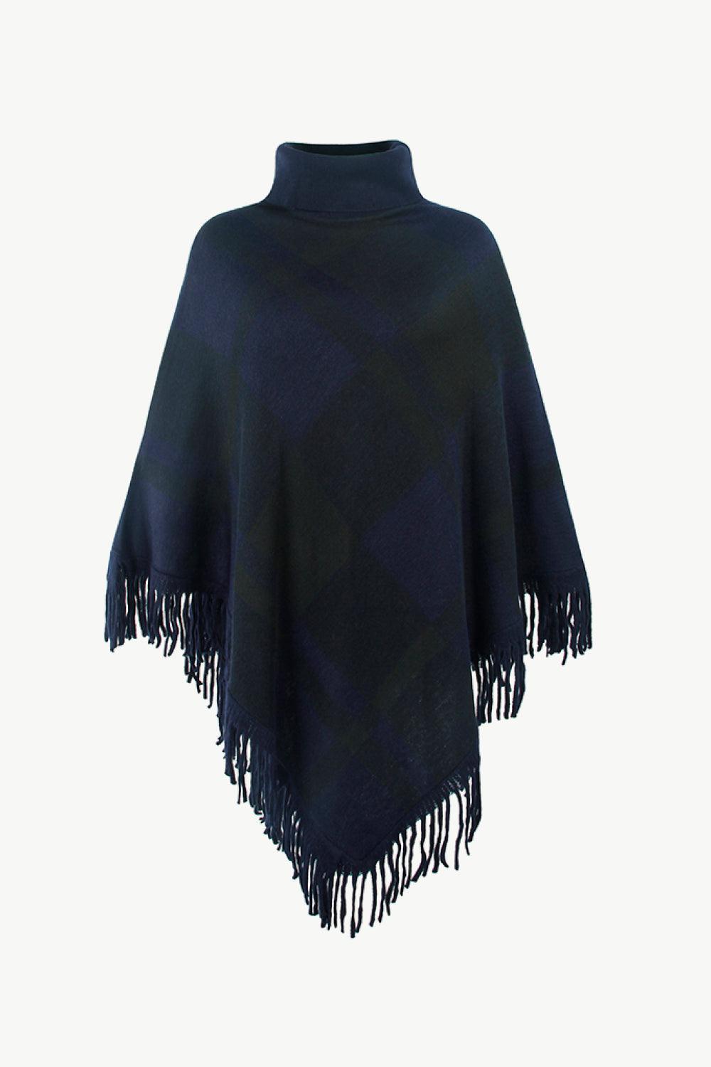 Plaid Turtleneck Fringe Hem Poncho - Lab Fashion, Home & Health