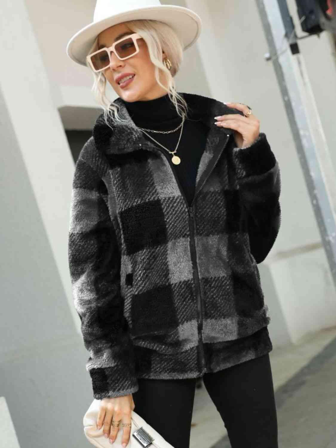 Plaid Zip-Up Collared Jacket - Lab Fashion, Home & Health