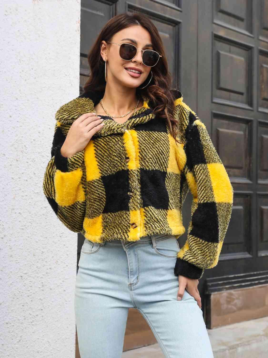 Plaid Dropped Shoulder Buttoned Jacket - Lab Fashion, Home & Health