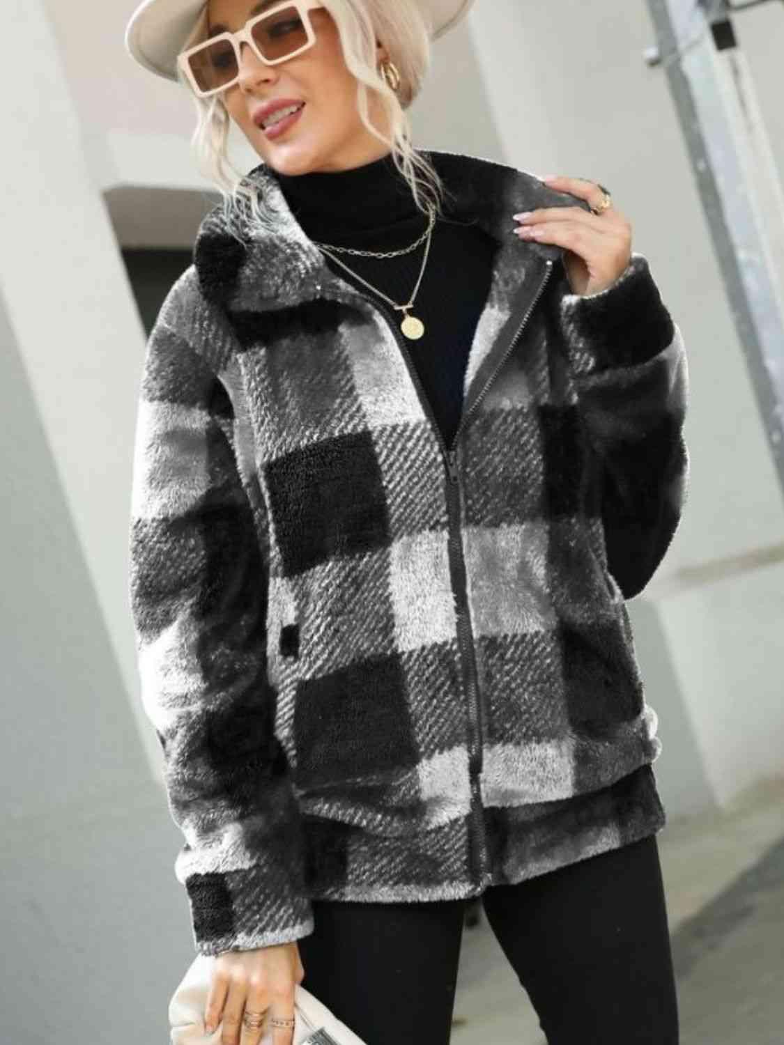 Plaid Zip-Up Collared Jacket - Lab Fashion, Home & Health