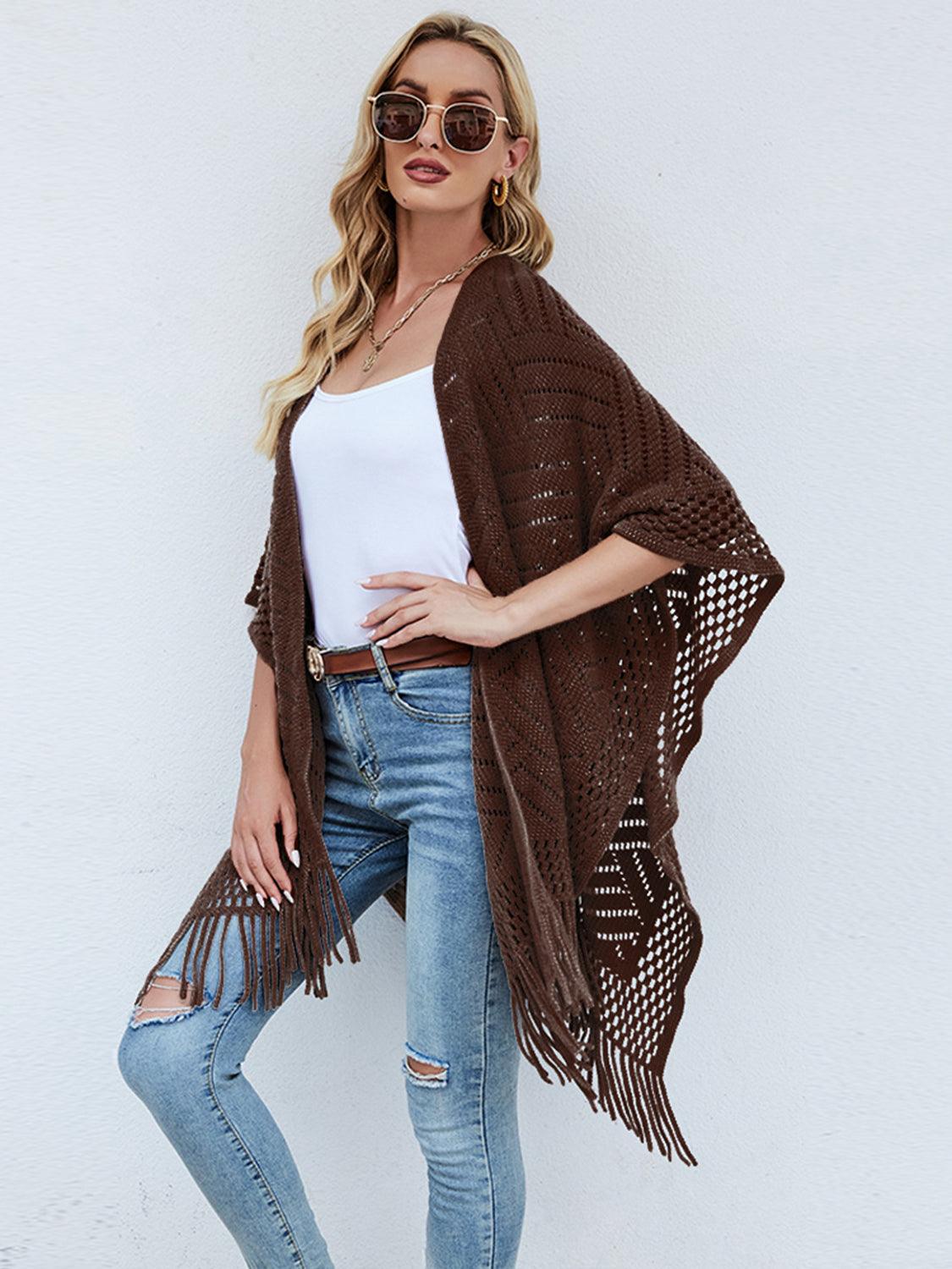 Fringe Hem Open Front Poncho - Lab Fashion, Home & Health