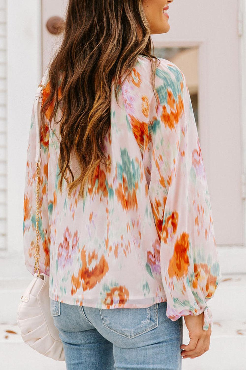 Printed Tie Neck Long Sleeve Blouse - Lab Fashion, Home & Health