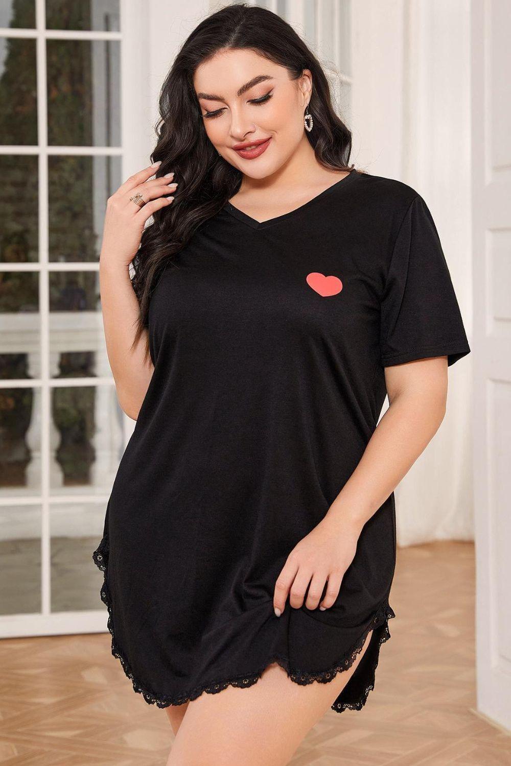 Plus Size Lace Trim V-Neck Short Sleeve Night Dress - Lab Fashion, Home & Health